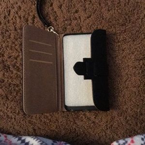 Black Leather iPhone 6 Plus case w/ wristlet strap